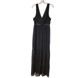 BCBG Black Maxi Tiered Lace Inset Waist Sheer Wide Strap Sleeveless Dress 8 Y2K